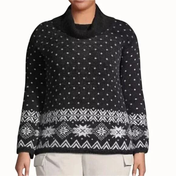 Lands' End Fair Isle Cowl Neck Pullover Sweater Women's L (14-16) Black / White - Picture 1 of 8